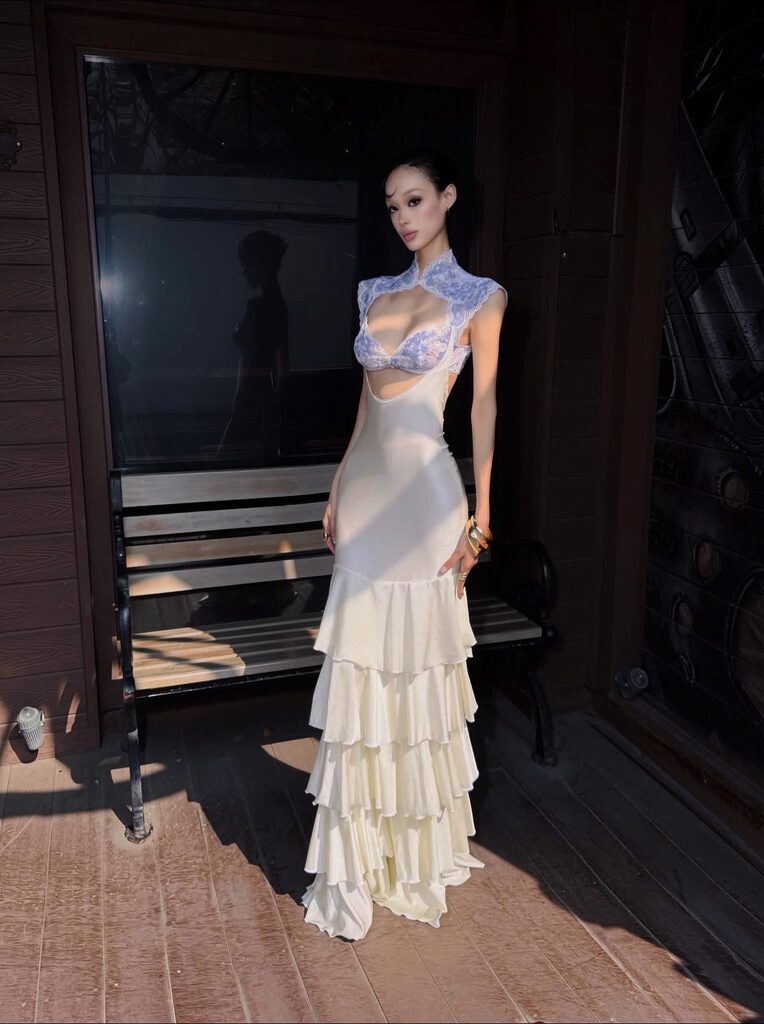 LACE EMBELLISHED SILK DRESS